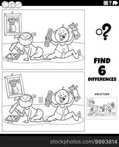 Black and white cartoon illustration of finding the differences between pictures educational game with little girl and boy babies characters coloring book page