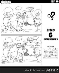 Black and white cartoon illustration of finding the differences between pictures educational game with kids characters playing in the park coloring book page