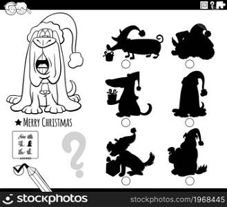 Black and white cartoon illustration of finding the right picture to the shadow educational task for children with dog character on Christmas time coloring book page