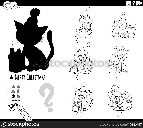 Black and white cartoon illustration of finding the right picture to the shadow educational task for children with cats characters on Christmas time coloring book page