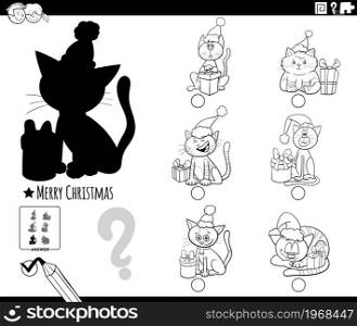 Black and white cartoon illustration of finding the right picture to the shadow educational task for children with cats characters on Christmas time coloring book page