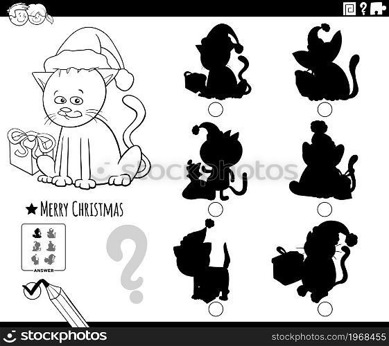 Black and white cartoon illustration of finding the right picture to the shadow educational game for children with cat character on Christmas time coloring book page