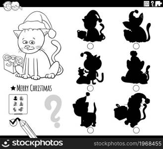 Black and white cartoon illustration of finding the right picture to the shadow educational game for children with cat character on Christmas time coloring book page