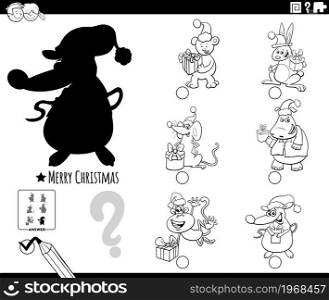 Black and white cartoon illustration of finding the right picture to the shadow educational task for children with animals characters on Christmas time coloring book page