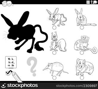 Black and white cartoon illustration of finding the right picture to the shadow educational task for children with animal characters coloring book page