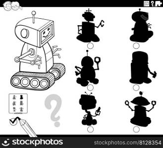 Black and white cartoon illustration of finding the right picture to the shadow educational game for children with funny robot character coloring book page