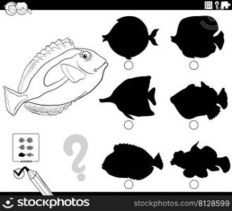 Black and white cartoon illustration of finding the right picture to the shadow educational game for children with fish animal character coloring page
