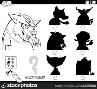Black and white cartoon illustration of finding the right picture to the shadow educational game with werewolf character on Halloween time coloring page