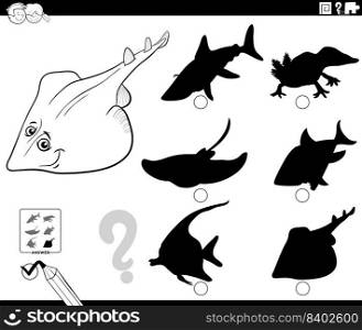 Black and white cartoon illustration of finding the right picture to the shadow educational game for children with xyster fish or guitarfish animal character coloring page