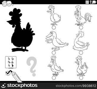 Black and white cartoon illustration of finding the right picture to the shadow educational task for children with farm birds animal characters coloring book page