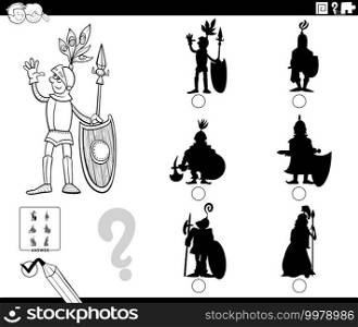 Black and white cartoon illustration of finding the right picture to the shadow educational task for children with knight character coloring book page