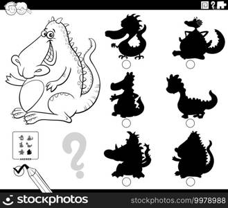Black and white cartoon illustration of finding the right shadow to the picture educational game for children with dragon fantasy character coloring book page
