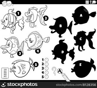 Black and white cartoon illustration of finding the right shadows to the pictures educational game for children with fish animal characters coloring book page
