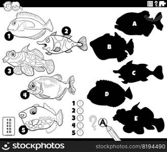Black and white cartoon illustration of finding the right shadows to the pictures educational game for children with fish animal characters coloring page