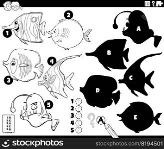 Black and white cartoon illustration of finding the right shadows to the pictures educational game with fish animal characters coloring page