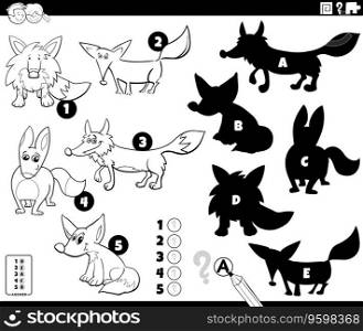 Black and white cartoon illustration of finding the right shadows to the pictures educational game with foxes animal characters coloring page