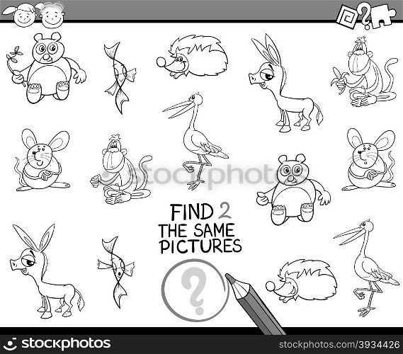 Black and White Cartoon Illustration of Finding the Same Picture Educational Task for Preschool Children with Animal Characters for Coloring Book