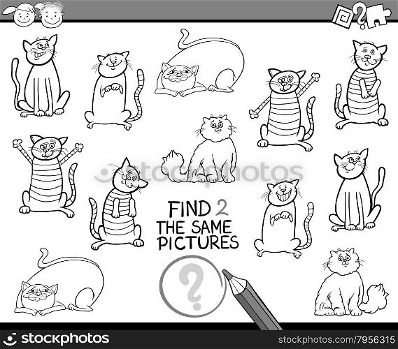 Black and White Cartoon Illustration of Finding the Same Pictures Educational Game for Preschool Children with Cats for Coloring