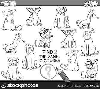Black and White Cartoon Illustration of Finding the Same Pictures Educational Game for Preschool Children with Dogs for Coloring