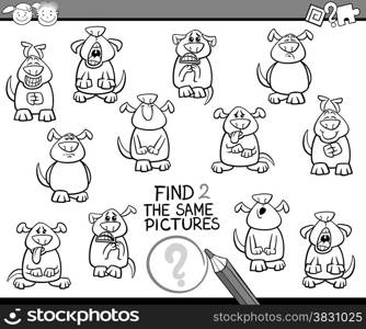 Black and White Cartoon Illustration of Finding the Same Pictures Educational Game for Preschool Children