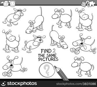 Black and White Cartoon Illustration of Finding the Same Pictures Educational Game for Preschool Children