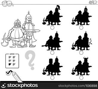 Black and White Cartoon Illustration of Finding the Shadow without Differences Educational Activity for Children with Medieval Knights Characters Coloring Book