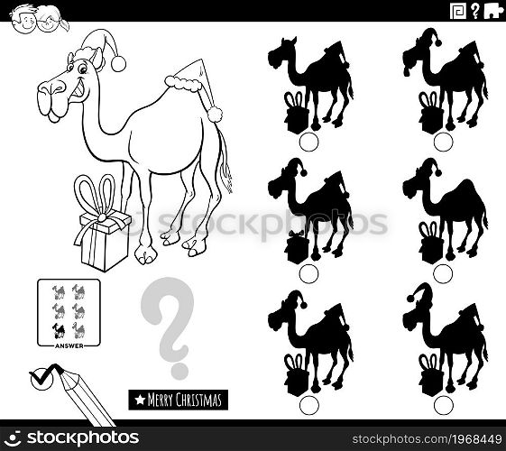 Black and white cartoon illustration of finding the shadow without differences educational game for children with dromedary camel character on Christmas time coloring book page
