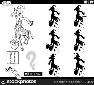 Black and white cartoon illustration of finding the shadow without differences educational game for children with giraffe character on Christmas time coloring book page