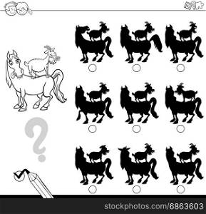 Black and White Cartoon Illustration of Finding the Shadow without Differences Educational Activity for Children with Horse and Goat Farm Animal Characters Coloring Page