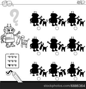 Black and White Cartoon Illustration of Finding the Shadow without Differences Educational Activity for Children with Two Robotic Characters Coloring Book
