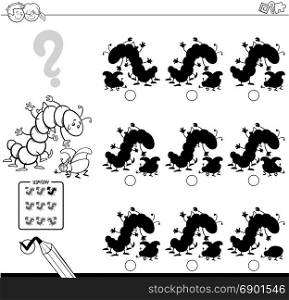 Black and White Cartoon Illustration of Finding the Shadow without Differences Educational Activity for Children with Two Insect Characters Coloring Book