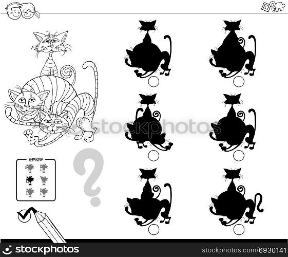 Black and White Cartoon Illustration of Finding the Shadow without Differences Educational Activity for Children with Cats Animal Characters Coloring Book