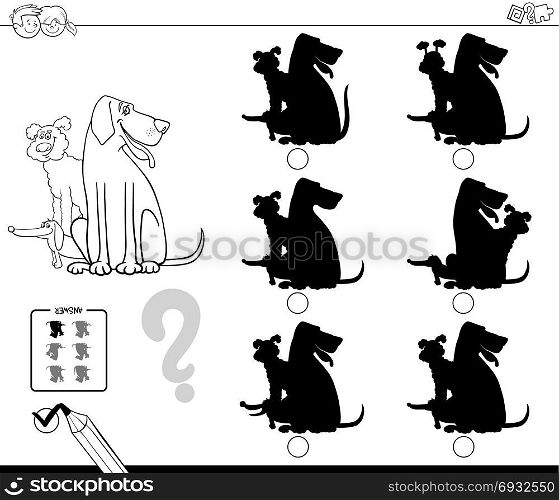 Black and White Cartoon Illustration of Finding the Shadow without Differences Educational Activity for Children with Dogs Animal Characters Coloring Book