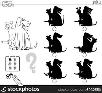 Black and White Cartoon Illustration of Finding the Shadow without Differences Educational Activity for Children with Dogs Animal Characters Coloring Book