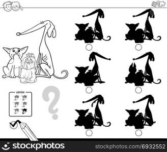 Black and White Cartoon Illustration of Finding the Shadow without Differences Educational Activity for Children with Funny Dogs Animal Characters Coloring Book