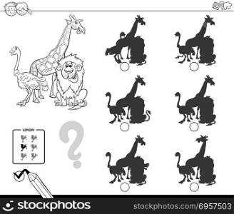 Black and White Cartoon Illustration of Finding the Shadow without Differences Educational Activity for Children with Safari Animal Characters Coloring Book. safari animals shadow game coloring book
