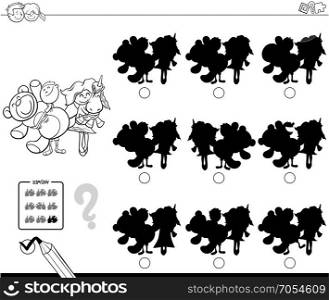 Black and White Cartoon Illustration of Finding the Shadow without Differences Educational Activity for Children with Children and Mascot Toys Characters Coloring Book