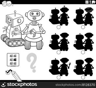 Black and white cartoon illustration of finding the shadow without differences educational game with two robots characters coloring book page