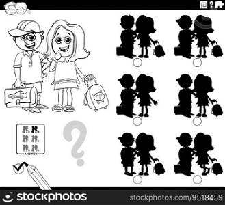 Black and white cartoon illustration of finding the shadow without differences educational game with school girl and boy coloring page