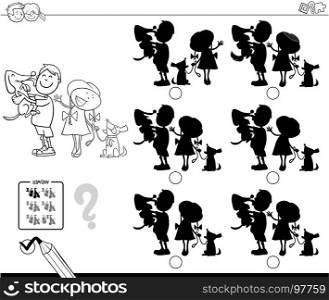 Black and White Cartoon Illustration of Finding the Shadow without Differences Educational Activity for Children with Children and Pet Dogs Characters Coloring Book