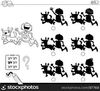 Black and White Cartoon Illustration of Finding the Shadow without Differences Educational Activity for Children with Boy and Dog Characters Coloring Book