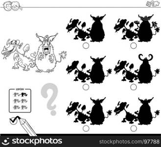 Black and White Cartoon Illustration of Finding the Shadow without Differences Educational Activity for Children with Monster Characters Coloring Book