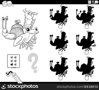 Black and white cartoon Illustration of finding the shadow without differences educational game for kids with animal characters coloring book page