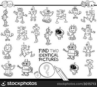 Black and White Cartoon Illustration of Finding Two Identical Pictures Educational Activity Game for Children with Robot Characters Coloring Book