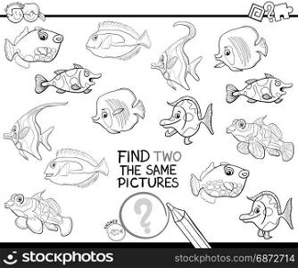 Black and White Cartoon Illustration of Finding Two Identical Pictures Educational Activity Game for Children with Fish Coloring Page