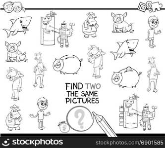 Black and White Cartoon Illustration of Finding Two Identical Pictures Educational Activity Game for Children with Funny Characters Coloring Book
