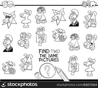 Black and White Cartoon Illustration of Finding Two Identical Pictures Educational Activity Game for Children with God Characters Coloring Book