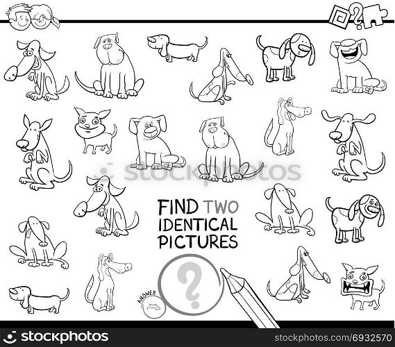 Black and White Cartoon Illustration of Finding Two Identical Pictures Educational Activity Game for Children with Funny Comic Dog Characters Coloring Book