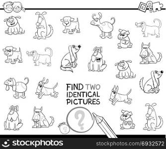 Black and White Cartoon Illustration of Finding Two Identical Pictures Educational Activity Game for Children with Comic Dog Characters Coloring Book