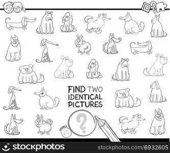 Black and White Cartoon Illustration of Finding Two Identical Pictures Educational Activity Game for Children with Dog or Puppy Characters Coloring Book